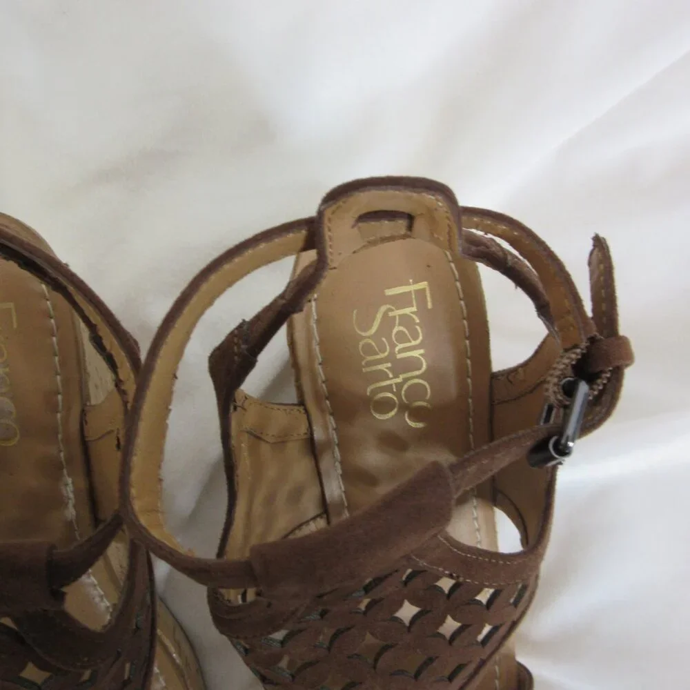 Franco Sarto Cameron Ankle Strap Sandals Wedge Brown Leather Laser Cut Size 6 - Picture 4 of 11